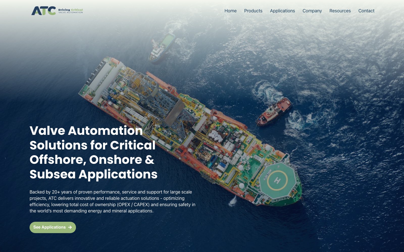Homepage van de Engelstalige website van ATC Actuators