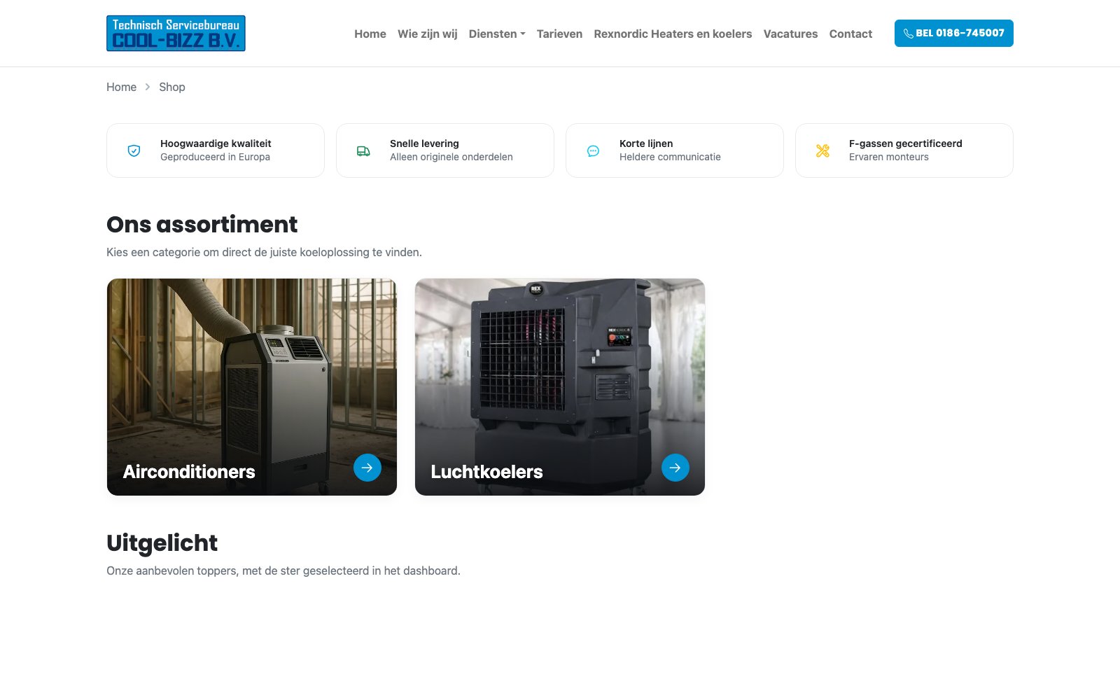 Homepage van de webshop van Cool-Bizz