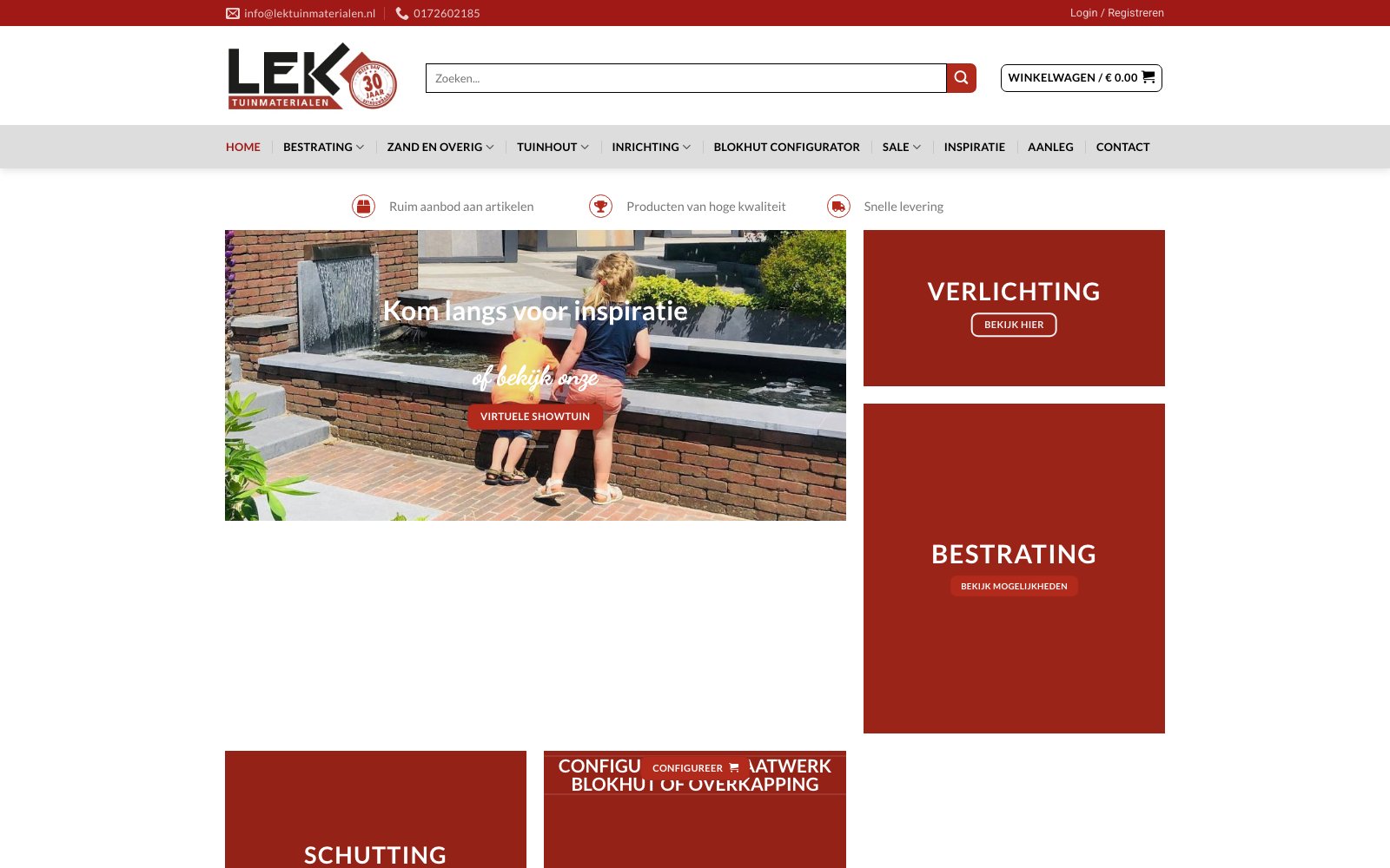 Homepage van de webshop van Lek Tuinmaterialen